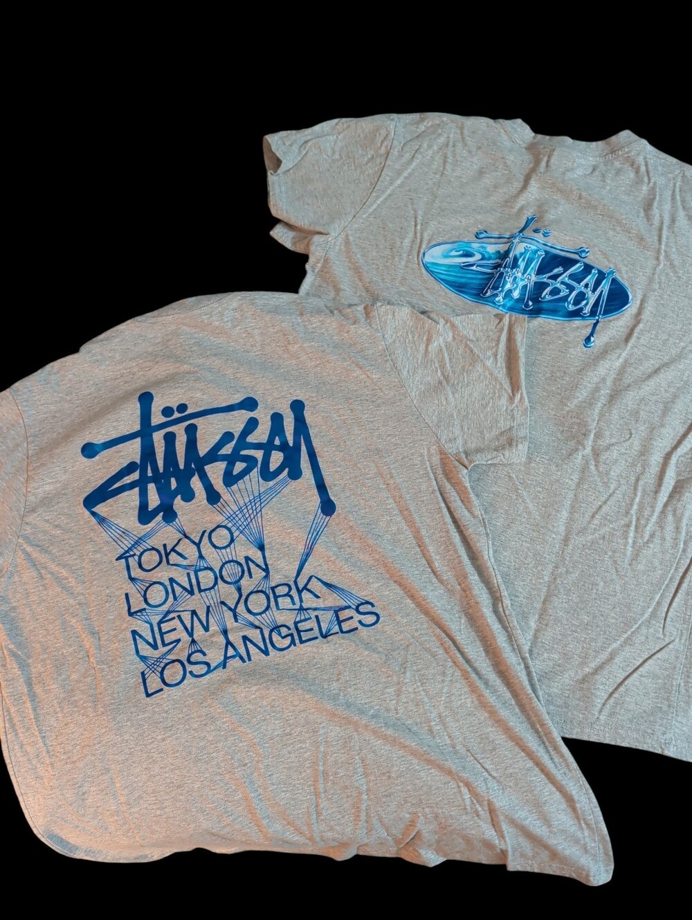 Men's Stussy Graphic T-Shirt Set of 2 - World Tour + Wave Oval - Heather Grey XL